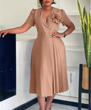 V Neck Short Sleeved Pleated Dress in Solid Fashion Colors