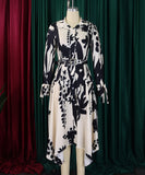 Printed V Neck Long Sleeve Dress with Belt Irregular Pattern