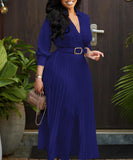 High Waist Pleated Long Sleeve Dress with Lapel and Belt