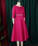 Solid Color A Line Evening Dress Long Sleeve With Belt Available in Pink Green Rose Red White and Black