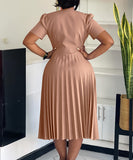 V Neck Short Sleeved Pleated Dress in Solid Fashion Colors