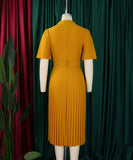 Short Sleeved V Neck Pleated High Waisted Dress in Vibrant Colors