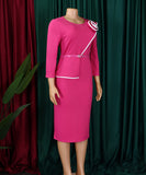 Elegant A-Line Pencil Skirt Dress With Belt in Deep Blue Green Rose Black