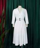 Collared Fashionable Solid Color Long Sleeved Dress With Large Skirt and Belt