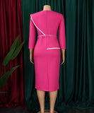 Elegant A-Line Pencil Skirt Dress With Belt in Deep Blue Green Rose Black