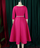 Solid Color A Line Evening Dress Long Sleeve With Belt Available in Pink Green Rose Red White and Black