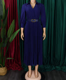 High Waist Pleated Long Sleeve Dress with Lapel and Belt