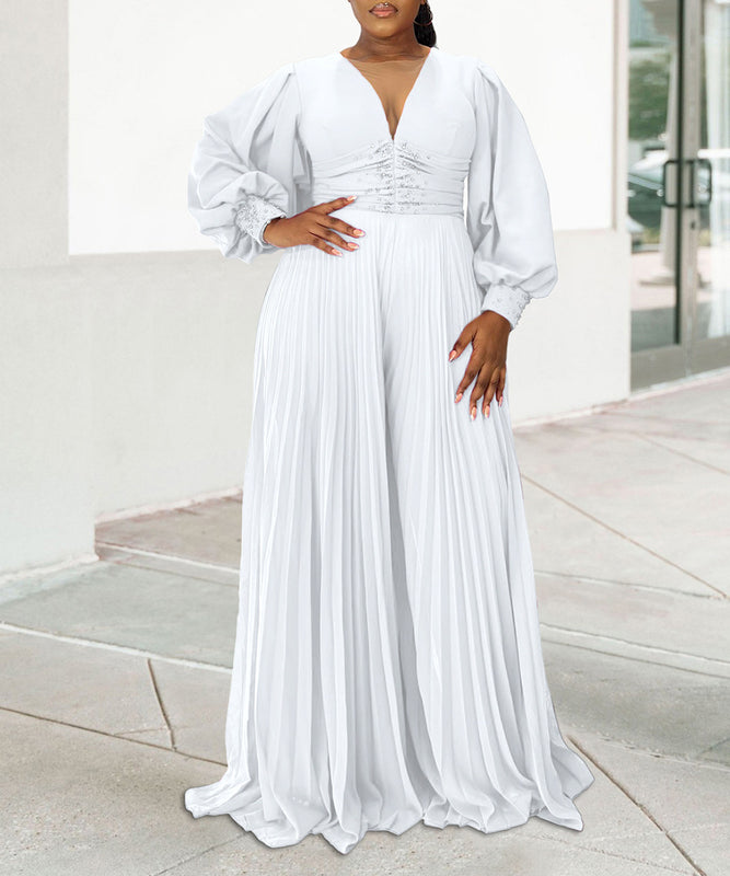 Long-Sleeved Beaded Sexy Wide-Leg Pleated Jumpsuit Glam