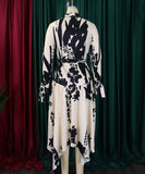 Printed V Neck Long Sleeve Dress with Belt Irregular Pattern