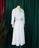 Collared Fashionable Solid Color Long Sleeved Dress With Large Skirt and Belt