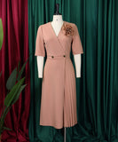 V Neck Short Sleeved Pleated Dress in Solid Fashion Colors