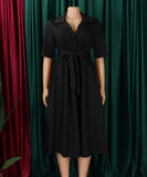 Short Sleeved Suit Style Collar Tie Dress in Solid Color with Belt