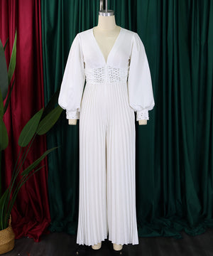 Long-Sleeved Beaded Sexy Wide-Leg Pleated Jumpsuit Glam