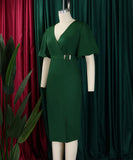 V Neck Puff Sleeve Mermaid Dress With Cinched Waist And High Slit
