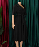 Short Sleeved Suit Style Collar Tie Dress in Solid Color with Belt