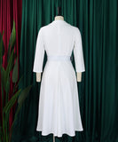 Collared Fashionable Solid Color Long Sleeved Dress With Large Skirt and Belt