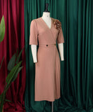 V Neck Short Sleeved Pleated Dress in Solid Fashion Colors