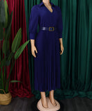 High Waist Pleated Long Sleeve Dress with Lapel and Belt