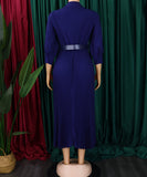 High Waist Pleated Long Sleeve Dress with Lapel and Belt