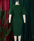 V Neck Puff Sleeve Mermaid Dress With Cinched Waist And High Slit