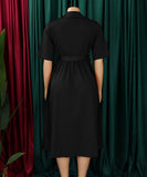 Short Sleeved Suit Style Collar Tie Dress in Solid Color with Belt