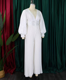 Long-Sleeved Beaded Sexy Wide-Leg Pleated Jumpsuit Glam