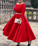 Solid Color A Line Evening Dress Long Sleeve With Belt Available in Pink Green Rose Red White and Black