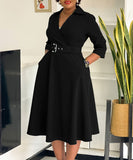 Collared Fashionable Solid Color Long Sleeved Dress With Large Skirt and Belt