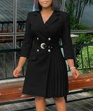 High Waisted Fashionable Pleated Patchwork Mid Length Suit Dress