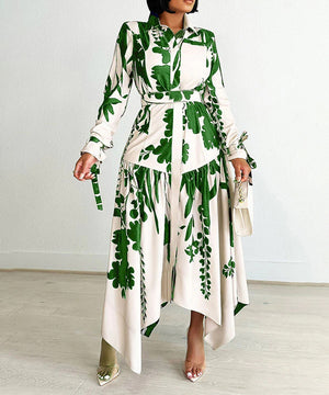 Printed V Neck Long Sleeve Dress with Belt Irregular Pattern