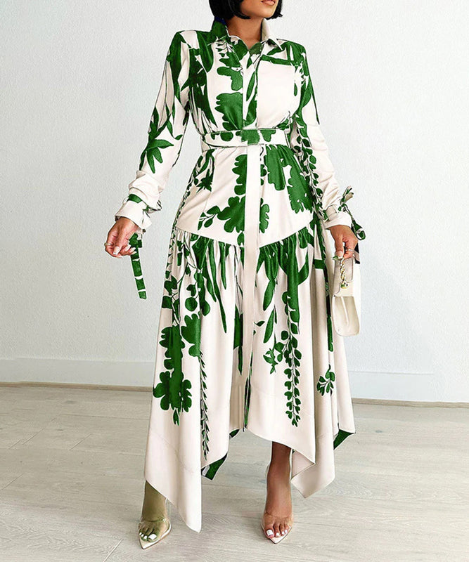 Printed V Neck Long Sleeve Dress with Belt Irregular Pattern
