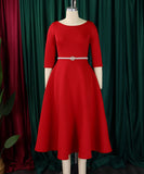 Solid Color A Line Evening Dress Long Sleeve With Belt Available in Pink Green Rose Red White and Black
