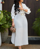 High Waist Pleated Long Sleeve Dress with Lapel and Belt