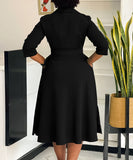 Collared Fashionable Solid Color Long Sleeved Dress With Large Skirt and Belt