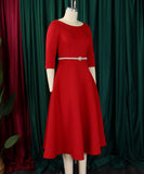 Solid Color A Line Evening Dress Long Sleeve With Belt Available in Pink Green Rose Red White and Black