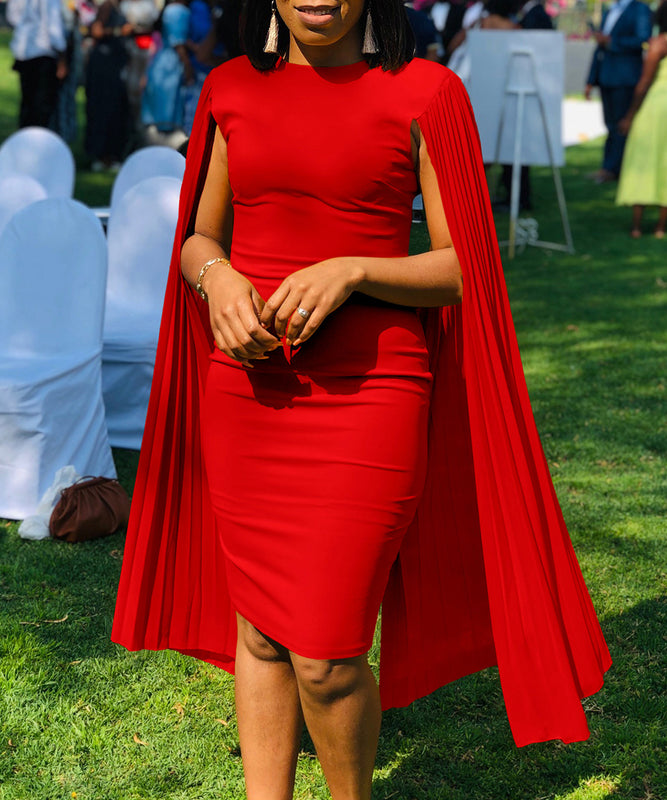 Elegant Fashion Solid Color Round Neck Pleated Shawl Dress