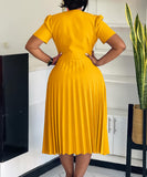 V Neck Short Sleeved Pleated Dress in Solid Fashion Colors