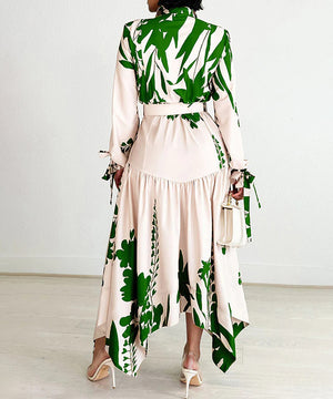 Printed V Neck Long Sleeve Dress with Belt Irregular Pattern