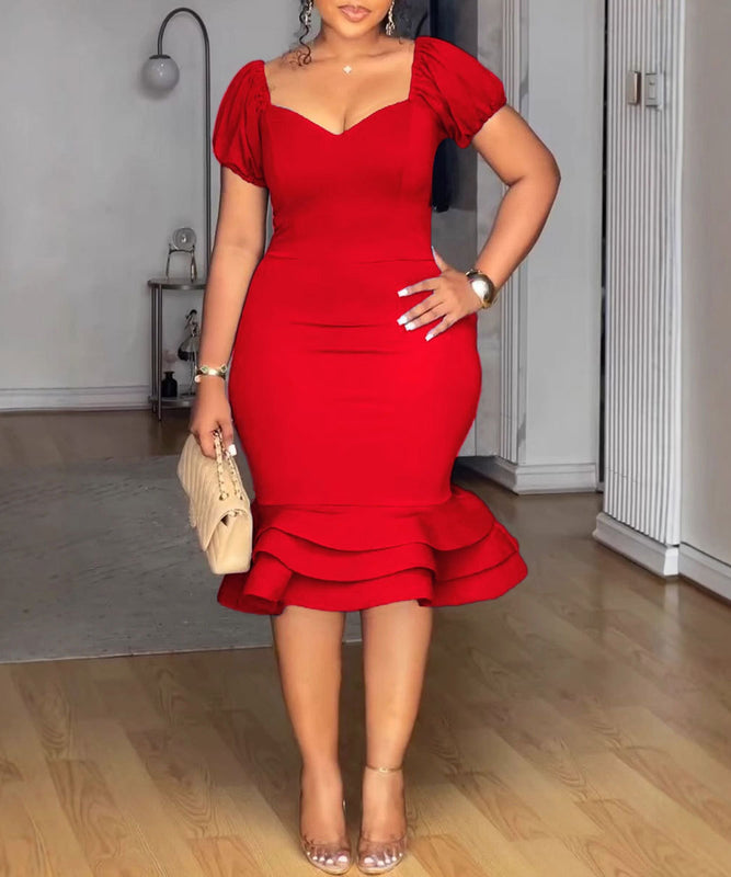 Stretch Wrap Hip Waist Lantern Sleeve Wavy Hem Dress for Flattering Fit