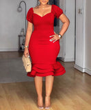 Stretch Wrap Hip Waist Lantern Sleeve Wavy Hem Dress for Flattering Fit