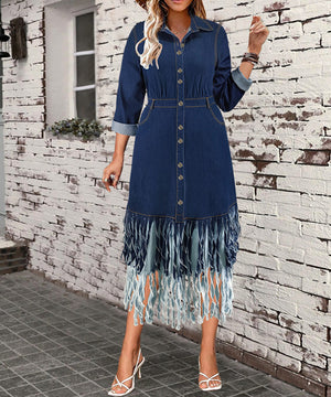 Artisan Patchwork Lapel Fringe Midi Dress