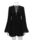 Elegant V-neck High-Waisted Dress with Puffy Sleeves