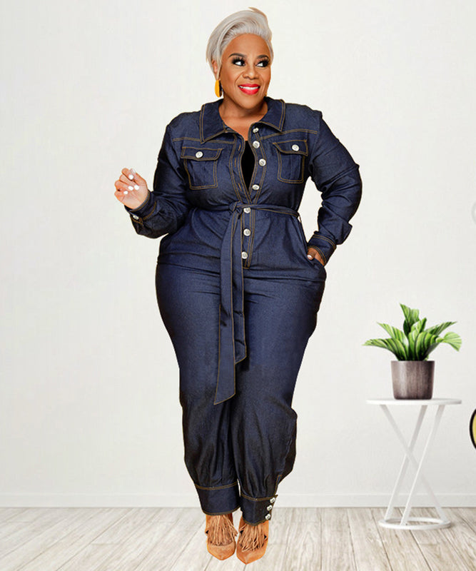 Relaxed Fit V Neck Casual Plus Size Denim Jumpsuit Women
