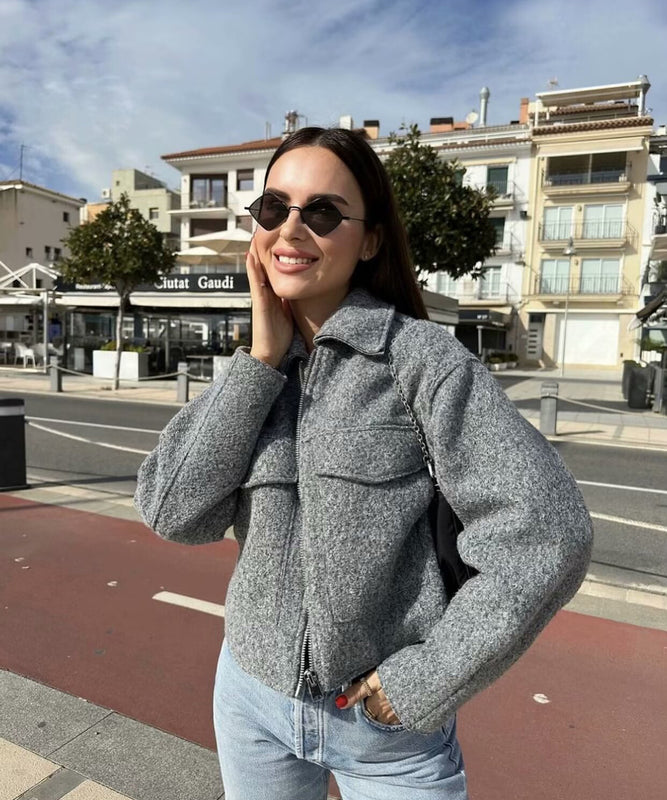 Short Loose Wool Coat Pearl Trim Casual Polyester Gray