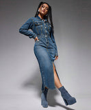 Stylish Denim Long Dress with Slit and Button-Down Collar