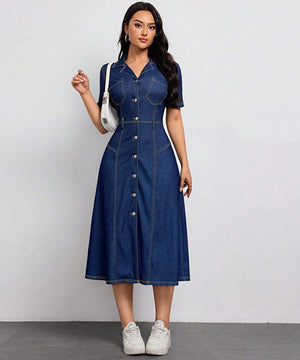 Denim Waist-Hugging Dress with Short Sleeves in Deep Blue