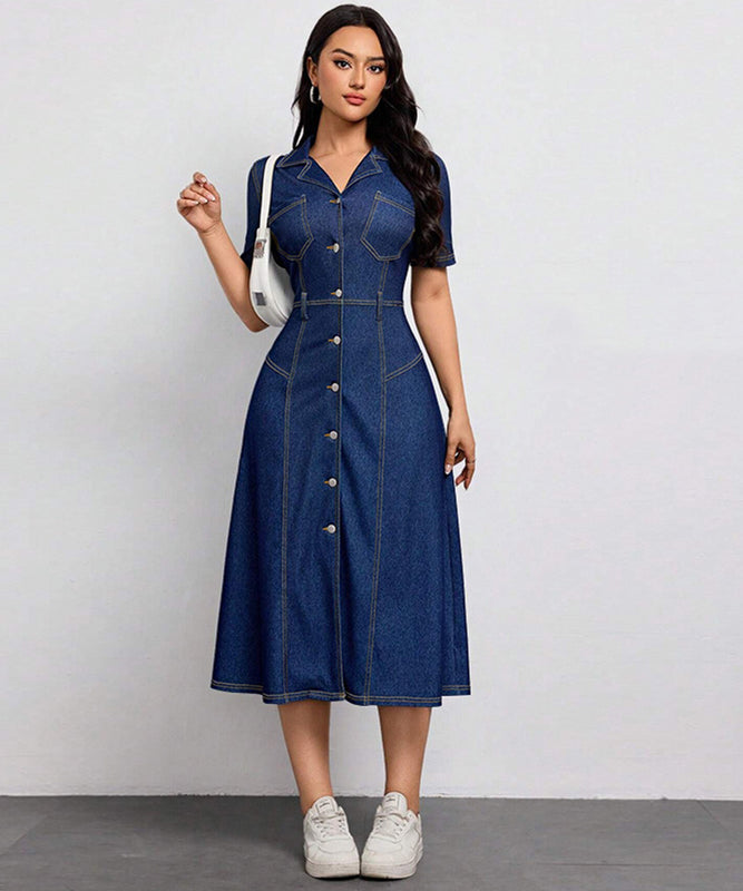 Denim Waist-Hugging Dress with Short Sleeves in Deep Blue