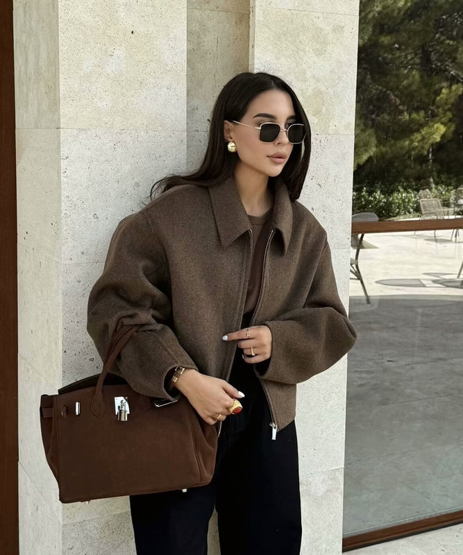 Pure Color Wide Zip Wool Coat With Classic Fit Beige