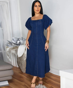 Deep Blue Denim U Neck Long Sleeve Dress for Effortless Style