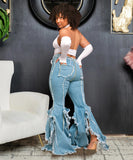 Fluffy Fringed Wide Leg Denim Pants Light Blue For Women